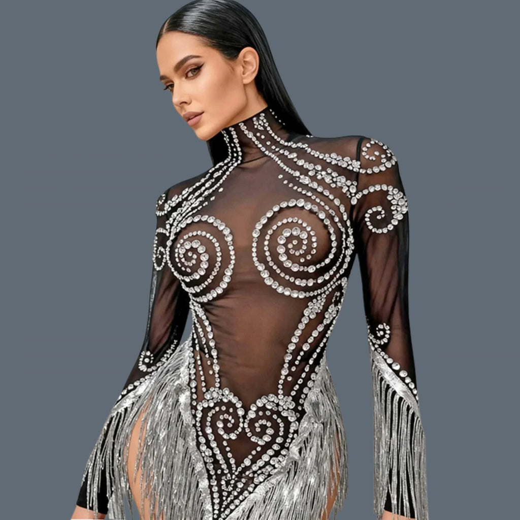 Carbondale Sparkly Rhinestone Tassel See Through Mesh Mini Dress