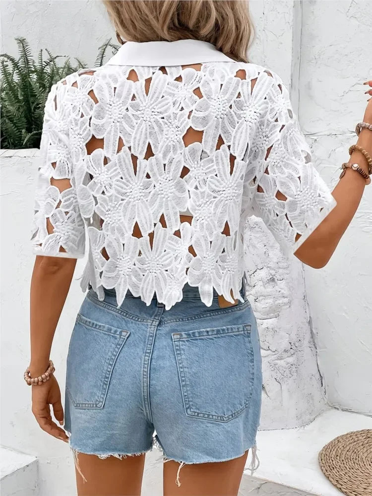 Seven Mile Lace Stylish Elegant Casual Holiday Party Hollow Shirts