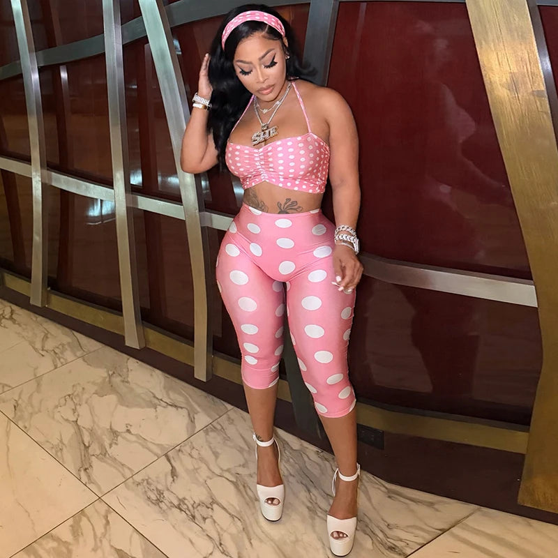 Nikki Polka Print Neck Strap Tight Fitting Three Piece Sets