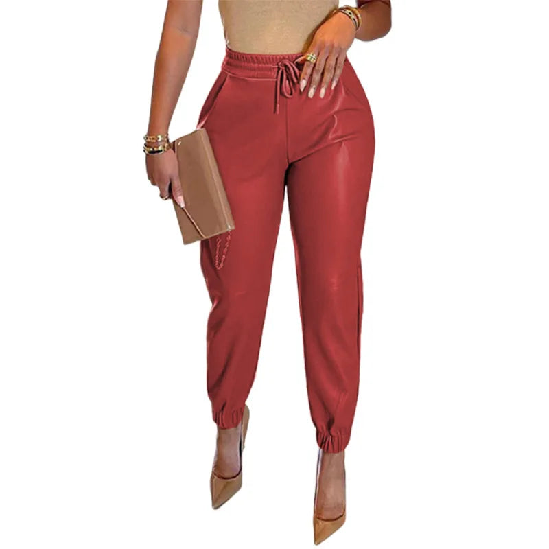 San Antonio PU Leather Fashion Elastic Waist Long Vintage Elegant Casual Loose Pants