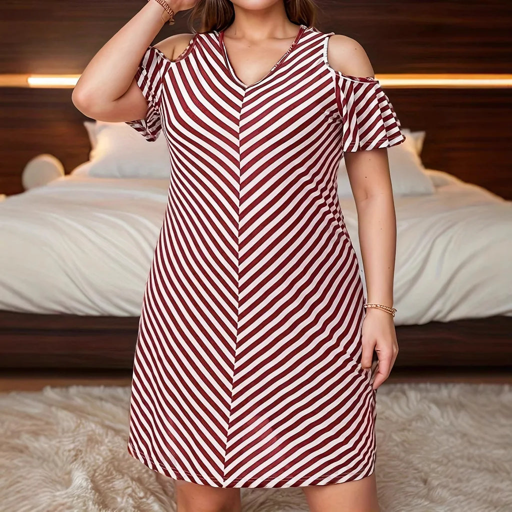 Houston Off Shoulder Loose Casual Cross V-Neck Striped Print Mini Dress