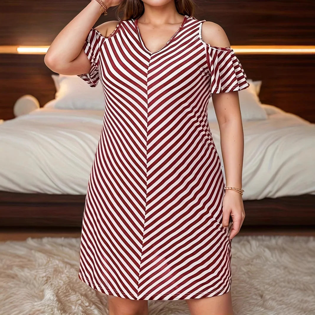 Houston Off Shoulder Loose Casual Cross V-Neck Striped Print Mini Dress