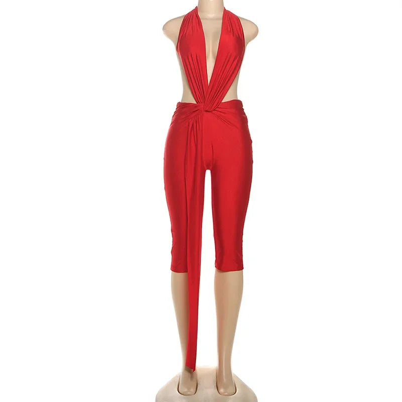 Cornie Lace-up One Piece Outfit Night Out Party Halter Backless Deep V-neck Jumpsuits
