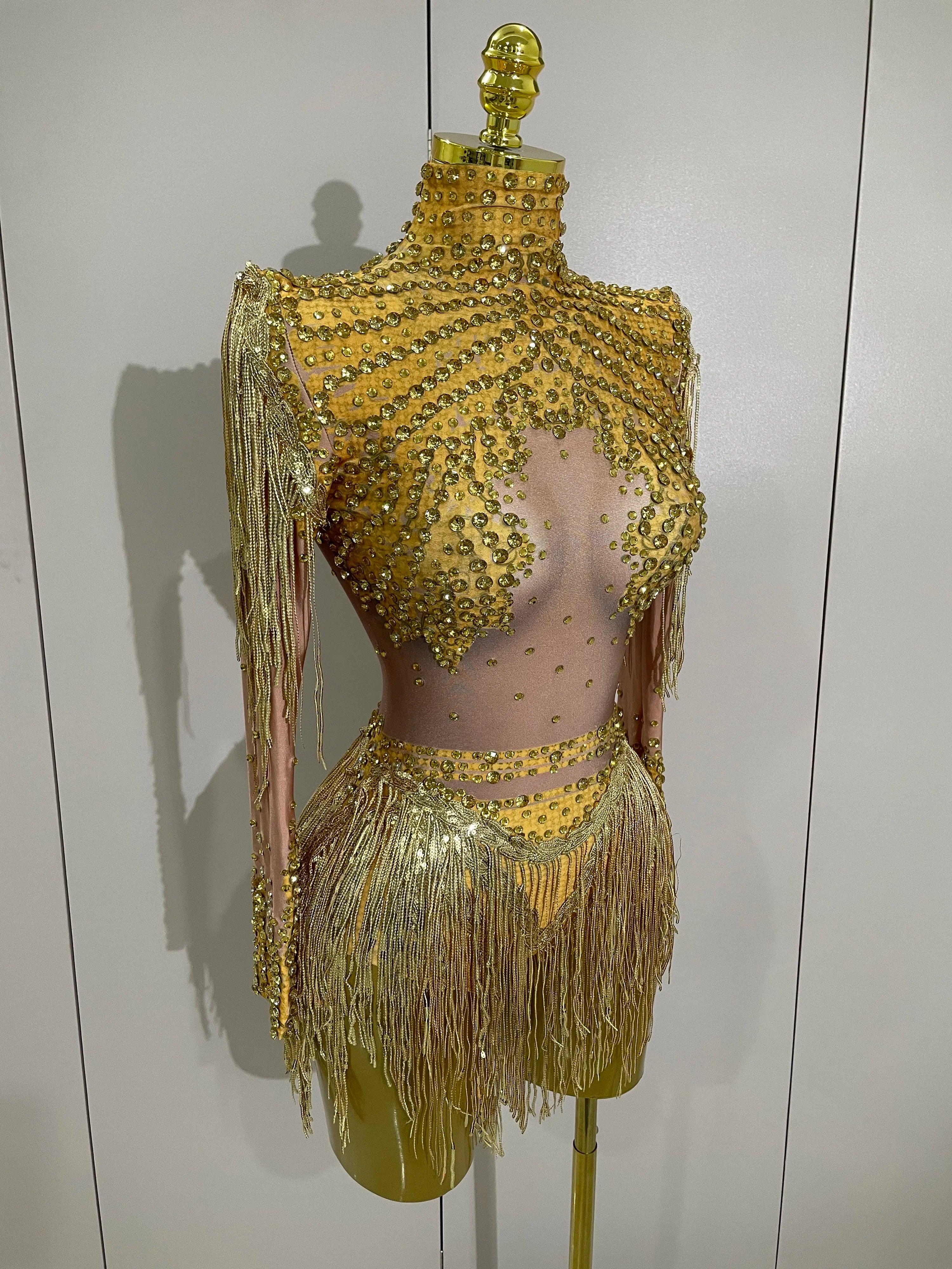 Chambersburg Sparkly Rhinestone Sequin Tassel Stretch Jumpsuit