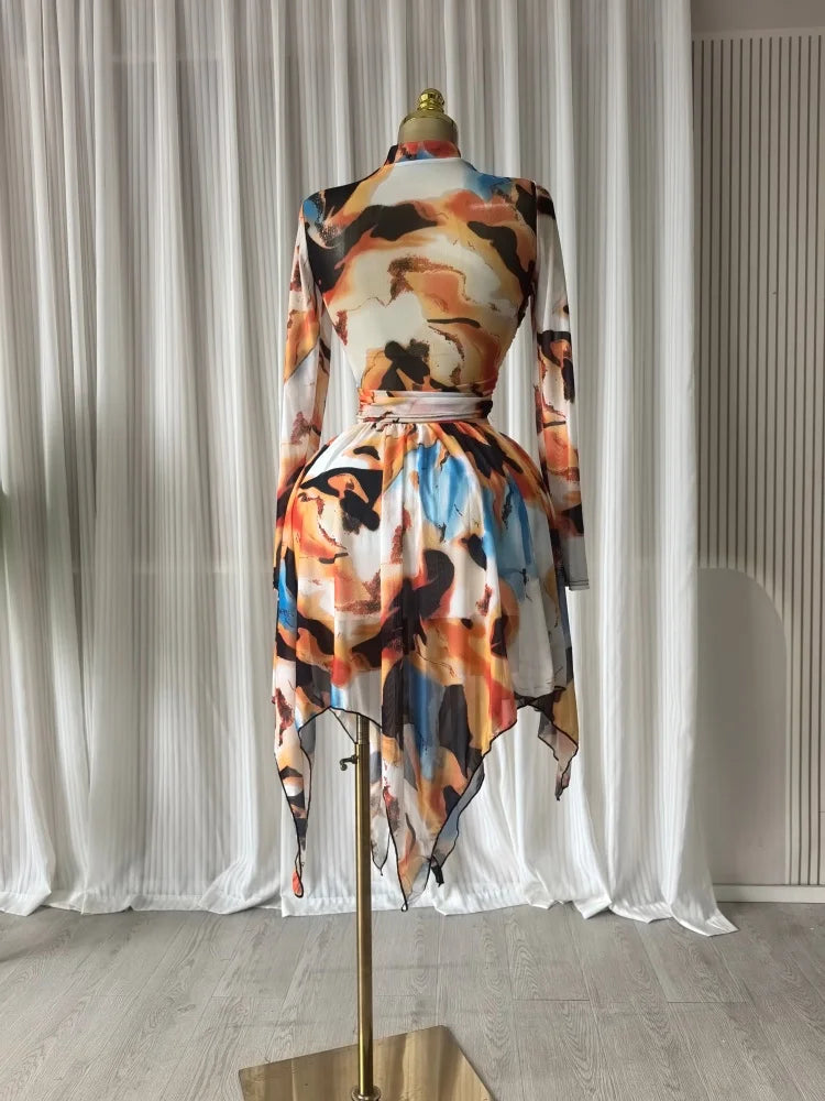 Tie Dye Printed Women Set Long Sleeve Wrap Crop Irregular A-line S.kirt Set