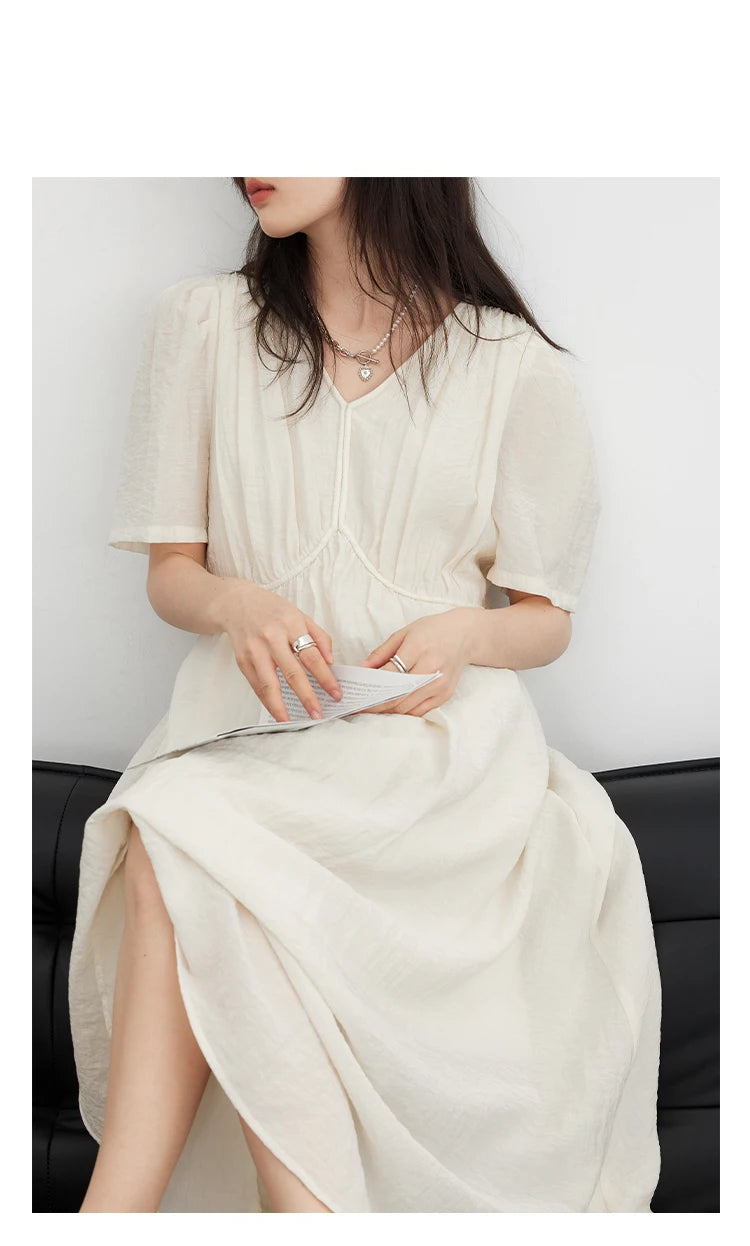 French Style Vintage V Neck Puff Sleeve Solid Black Loose Long Dress