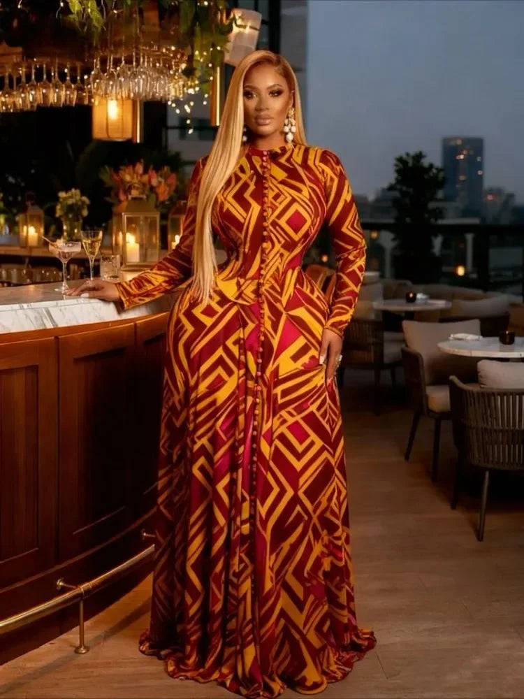 Turkunkan O Neck Long Sleeve Big Swing Tie Dye Print Long Dress