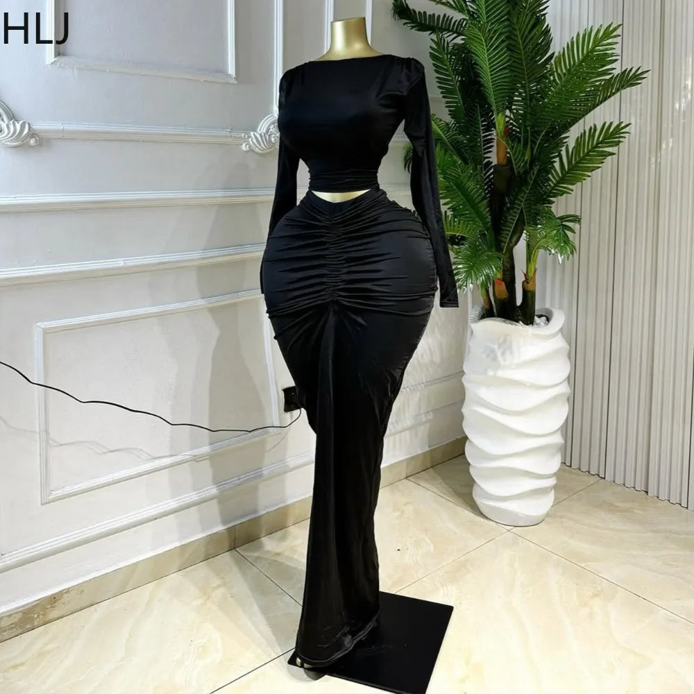 Mohegan Ruched Patchwork Bodycon Solid Color Hollow-out Long Sleeves Dress