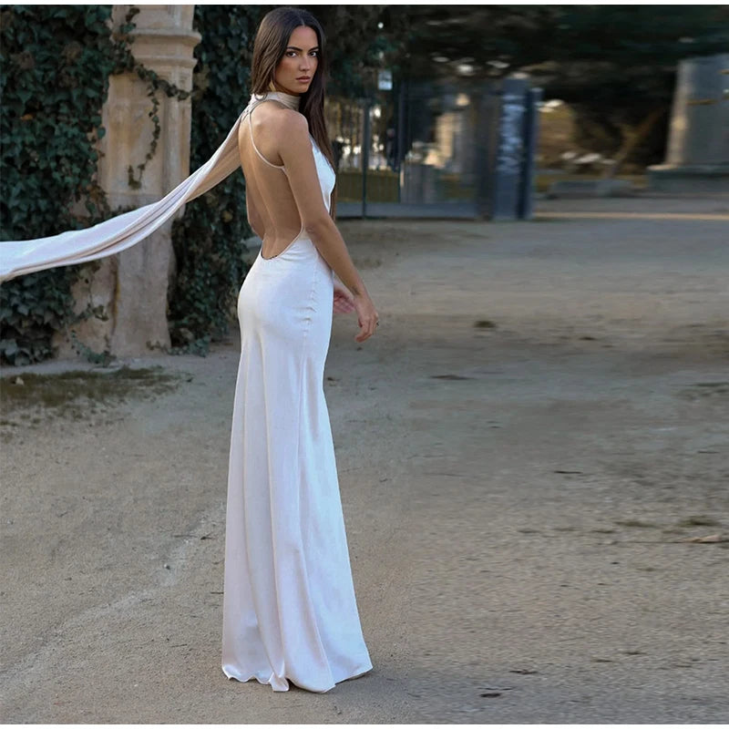 Califon Sexy Satin Ribbon Party Elegant Halter Backless Off Shoulder Sleeveless Maxi Dress
