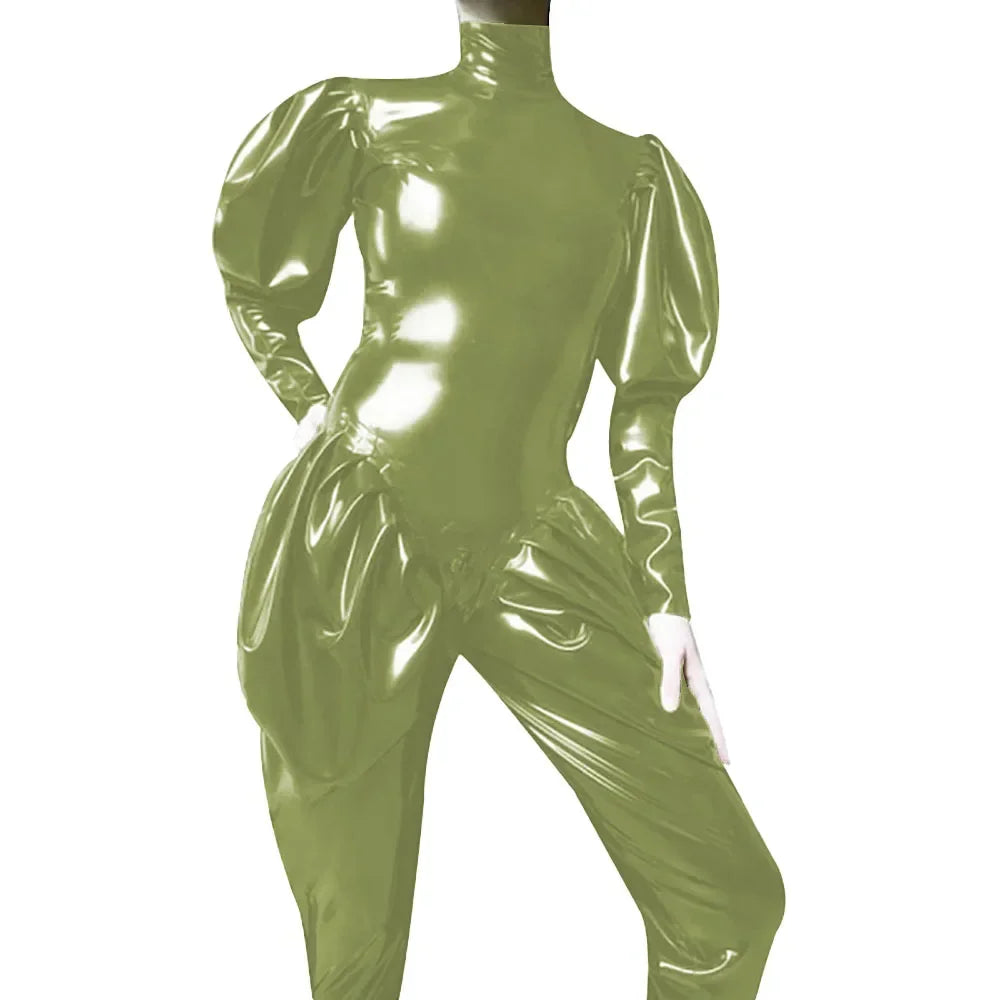 Sleeves Jumpsuit Sexy Zipper Open Crotch Catsuit Party High Neck Wetlook Rompers Female