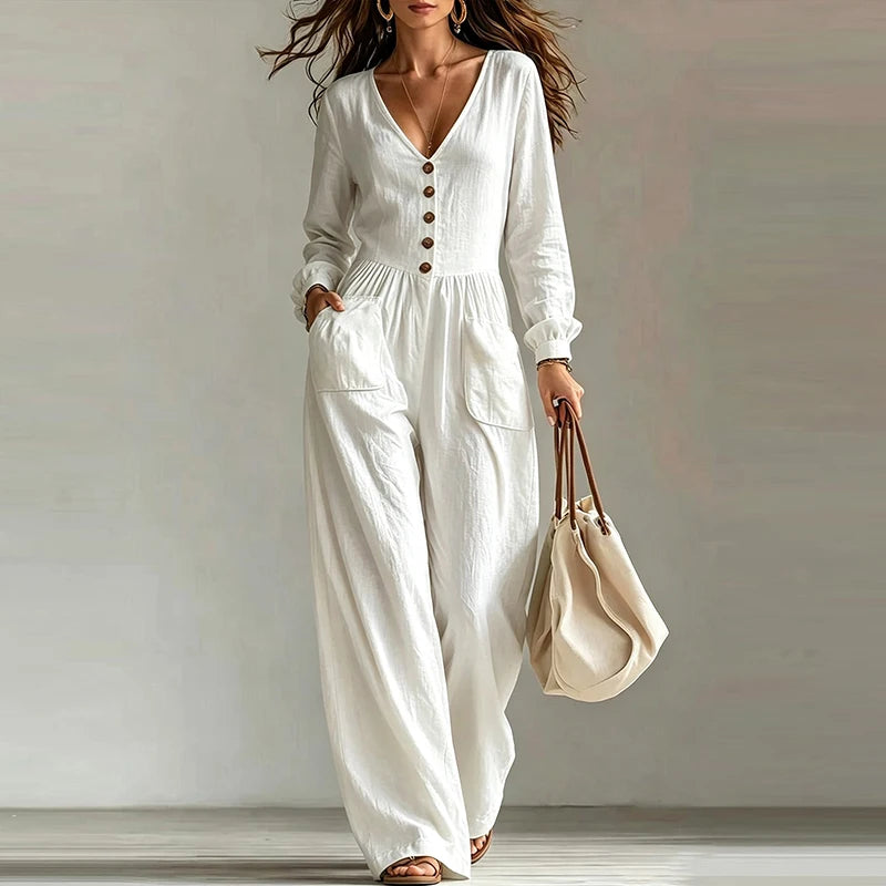 Elegant Woman Jumpsuit V Neck Long Sleeve Button Playsuits Female Casual Overalls White Long Jumpsuits For Women Outfits White