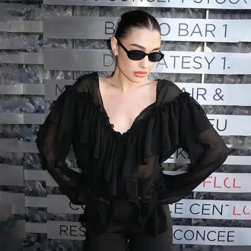 Allentown White Chiffon V-Neck Sexy See Through Shirt Beach Blouse