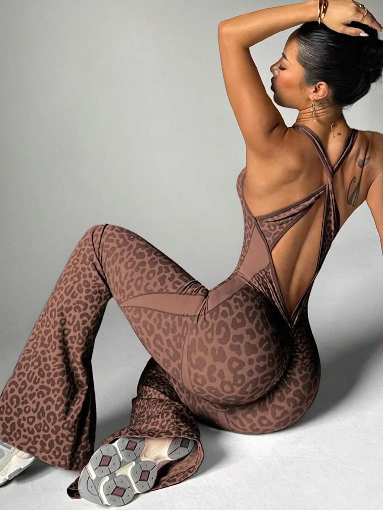 Reading Leopard Sportwear Sleeveless Backless Flare Jumpsuits