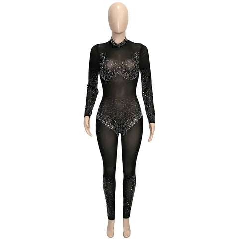 Union Square Fashion Sexy Mesh Perspective Hot Drill Long Sleeve Jumpsuit