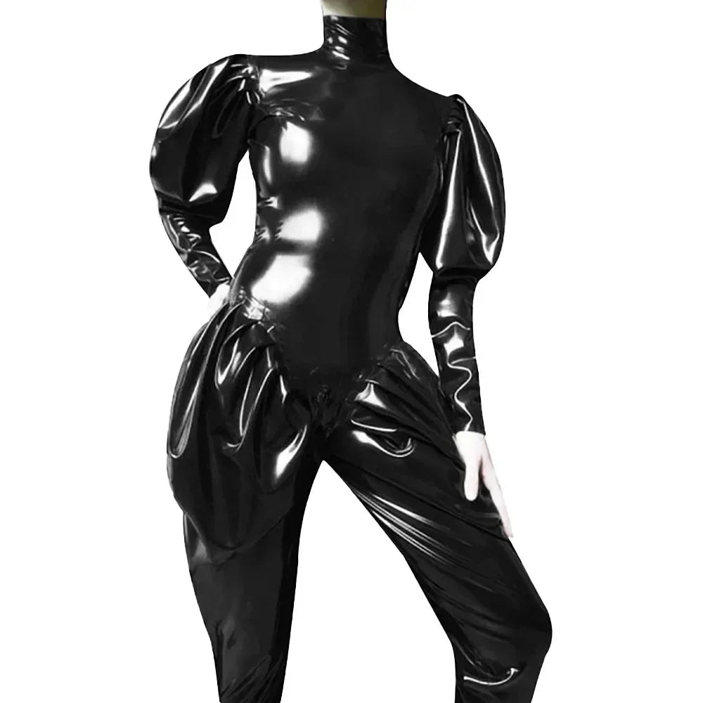 Sleeves Jumpsuit Sexy Zipper Open Crotch Catsuit Party High Neck Wetlook Rompers Female
