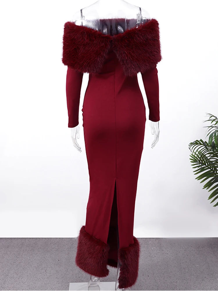 La Zurza Strapless Faux Fur Patchwork Sexy Off Shoulder Full Sleeve Cinched-waist Bodycon Dress