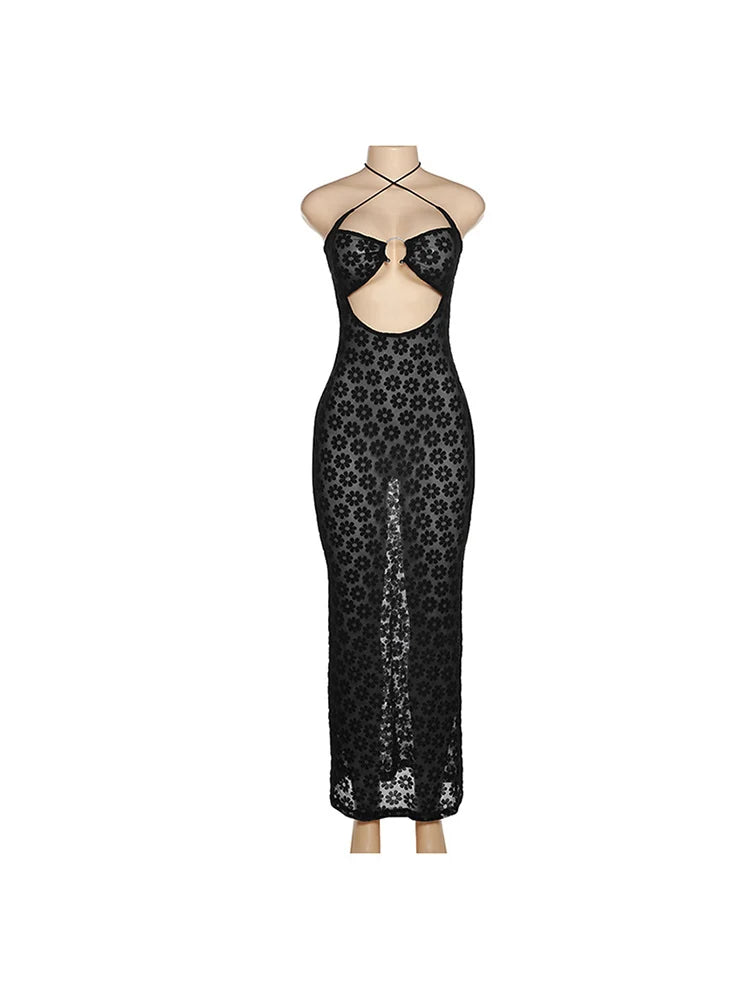 Solid Color Hanging Neck Sexy Hollow Perspective Bag Hips Robe Maxi Dress