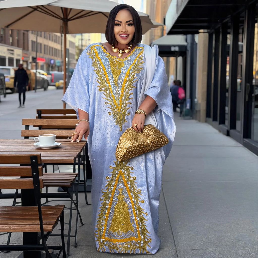 Long Branch Plus Size Bazin Riche Embroidery Design Long Dress With Scarf