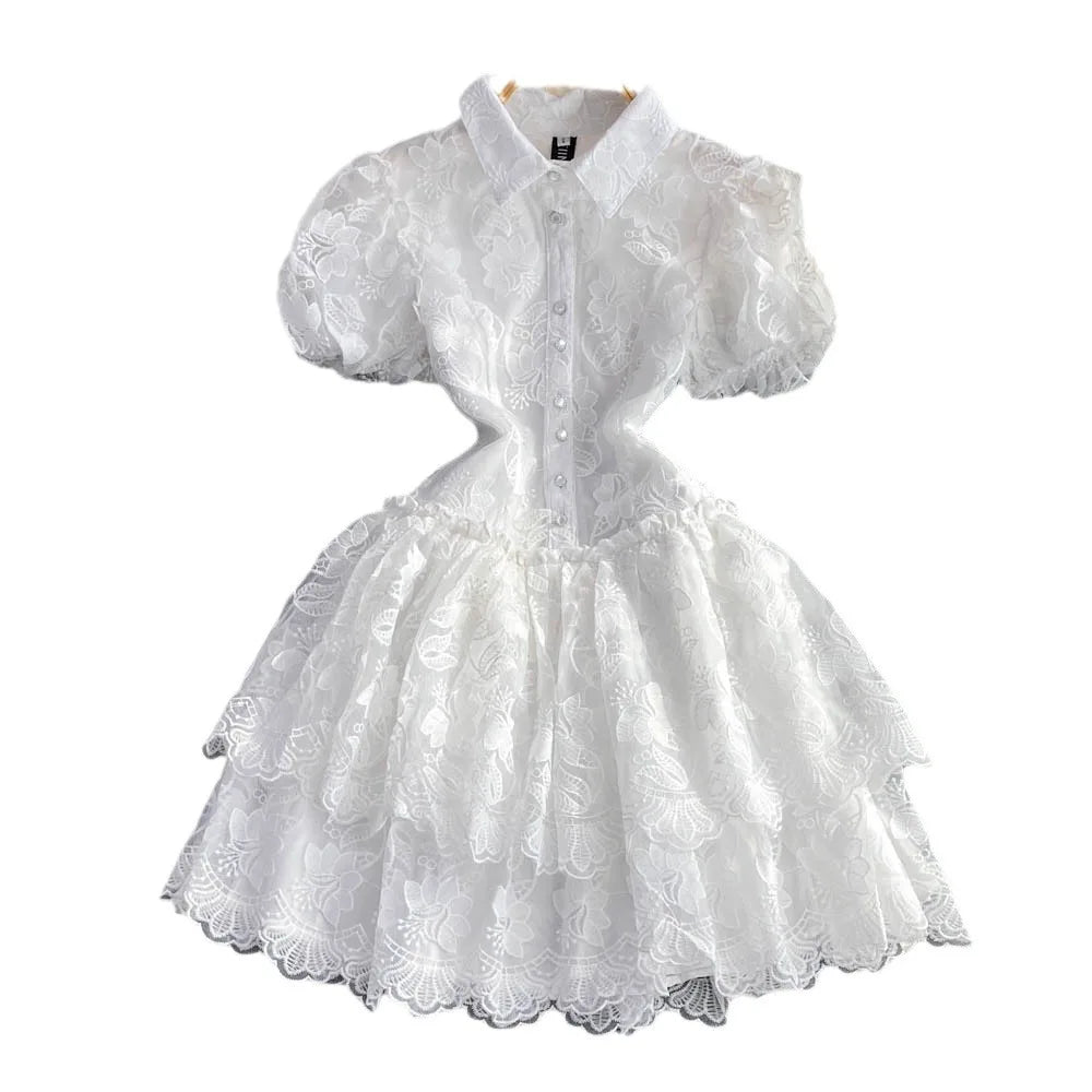 Lyndhurst Vintage Lace Gown Turn Down Collar Puff Sleeve Mini Dress