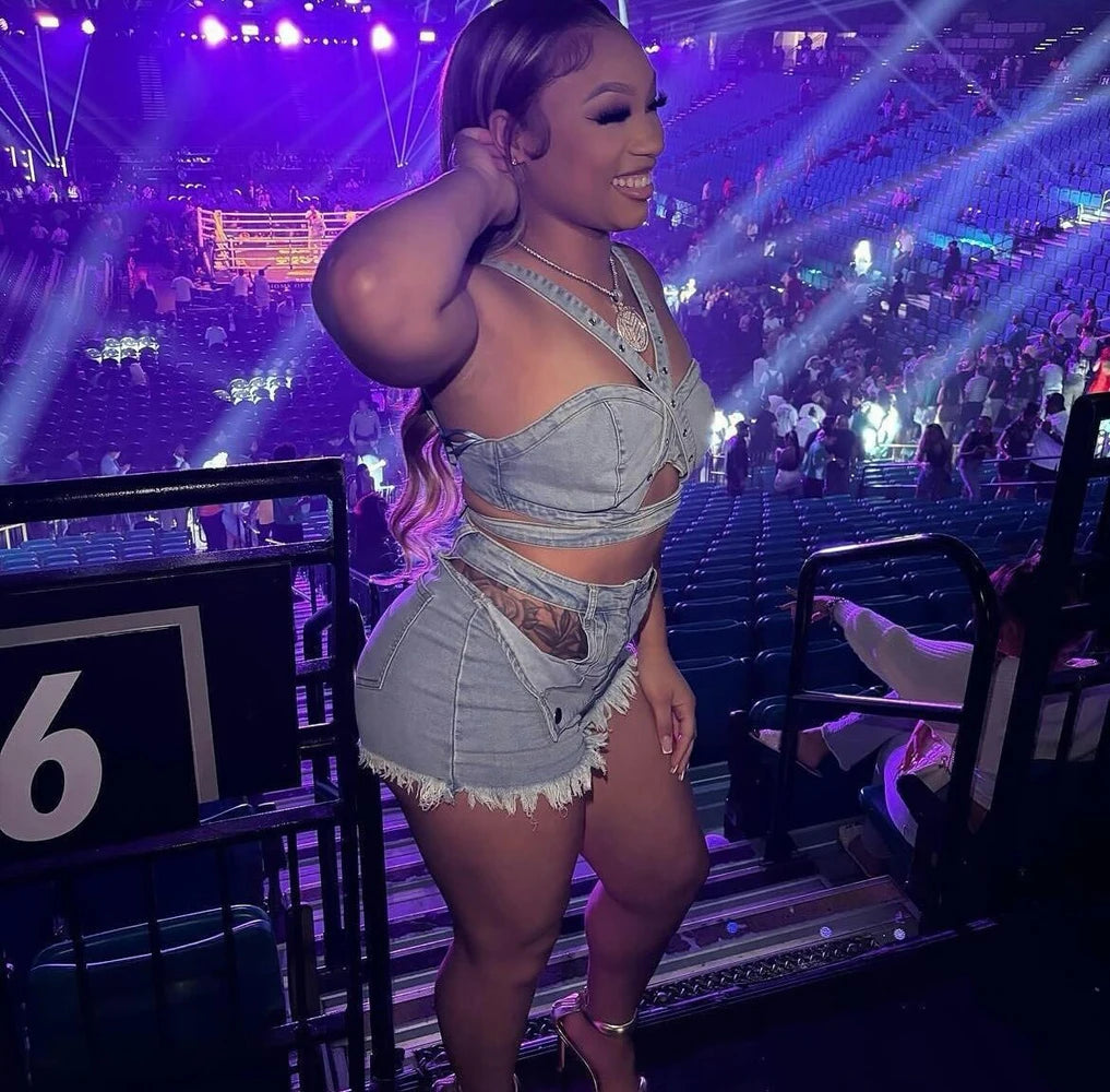 Temblant Straps Crop Cut Out Clothes Streetwear Two Piece Club Outfits Set