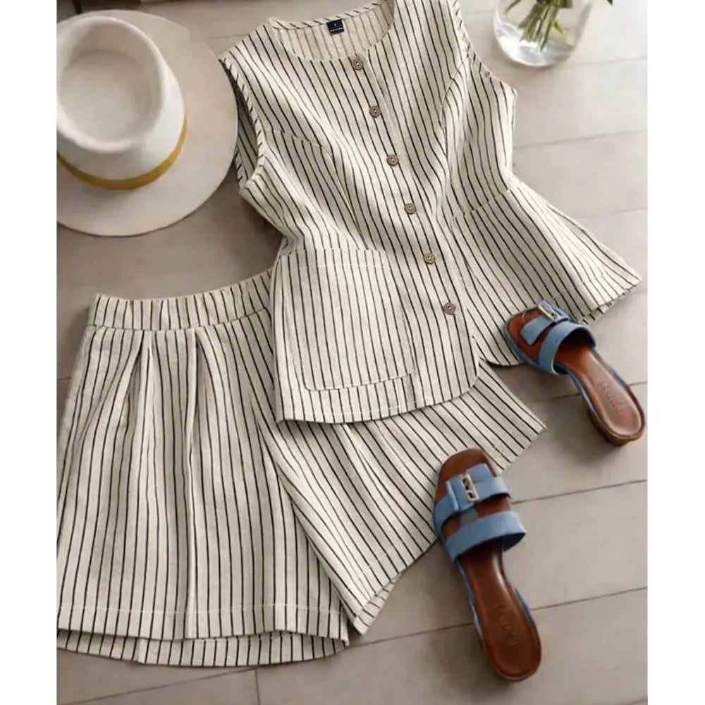 Yudy Summer New Striped Sleeveless Two Piece Sets