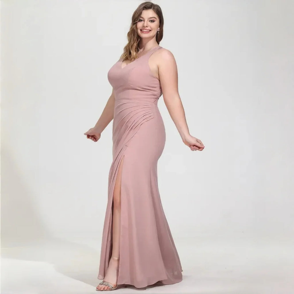 La Cuaba Dusty Pink Plus Size Chiffon Bridesmaid Sleeveless Deep V Neck Side Ruched Dress