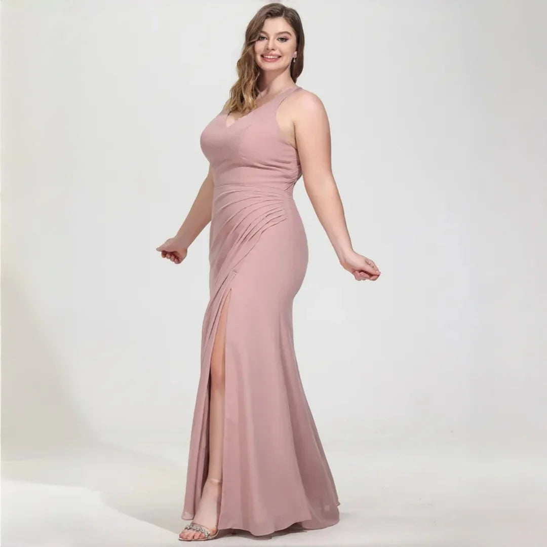 La Cuaba Dusty Pink Plus Size Chiffon Bridesmaid Sleeveless Deep V Neck Side Ruched Dress