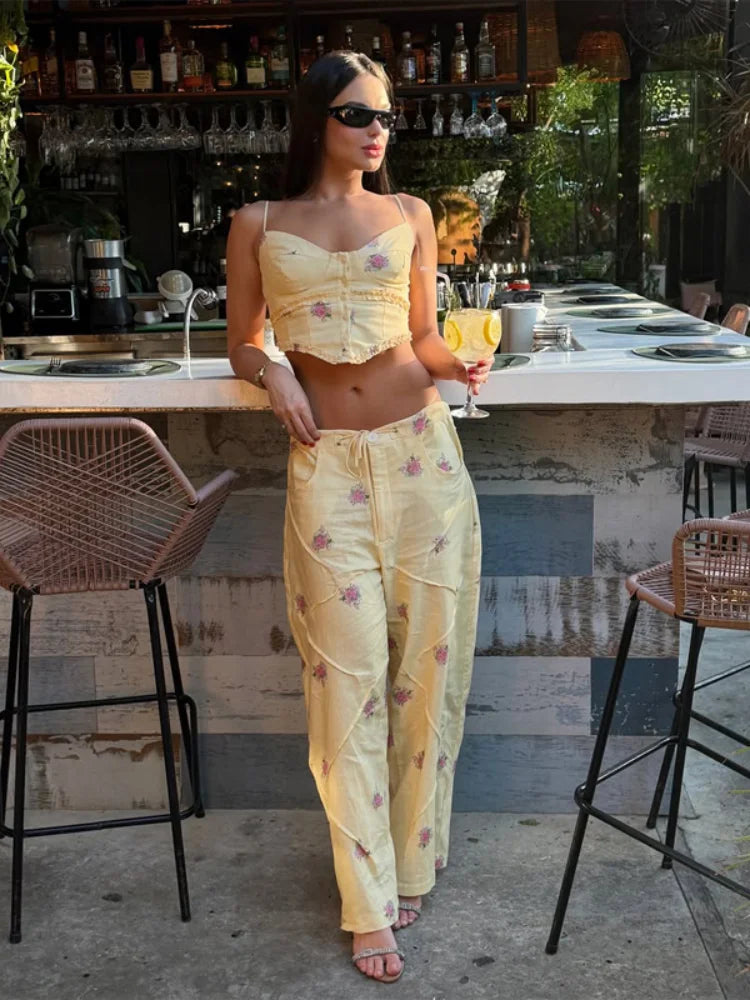 Paola Shaping French Floral Ruffled Waist Two Piece Sets