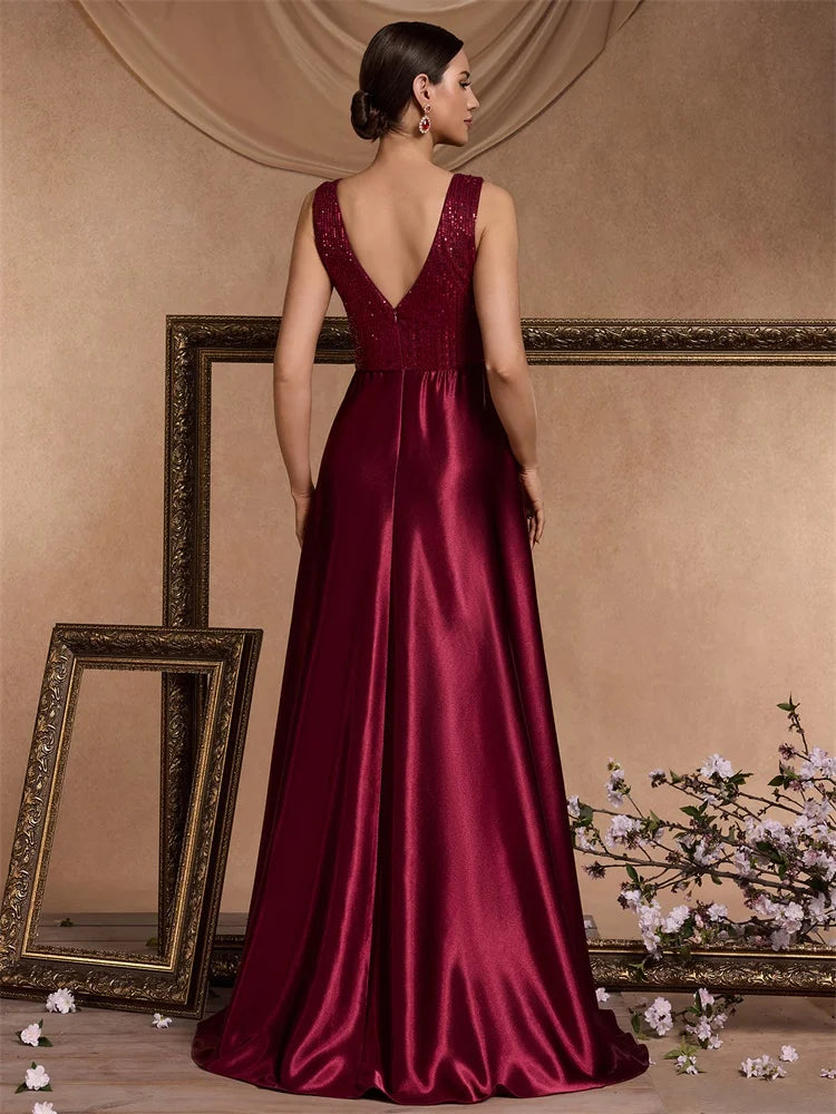 Oklahoma Elegant Sequins Evening Deep V-neck Satin Prom Party Dress