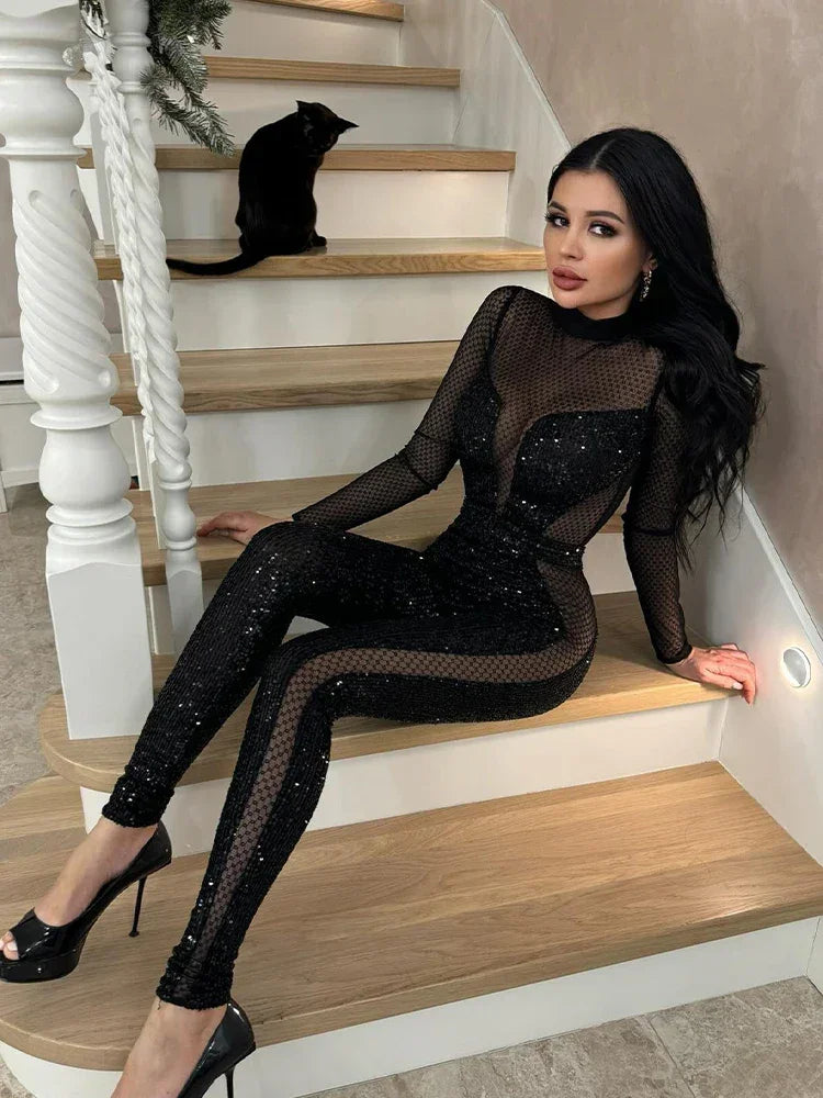 City Hall Mesh Squined Solid See Through O-Neck Regular Long Sleeves Skinny Jumpsuit