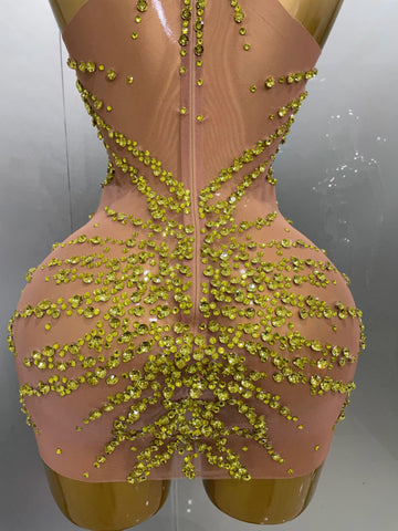 Elmira Rhinestones Sexy Mesh See Through Dress Party Evening Dress