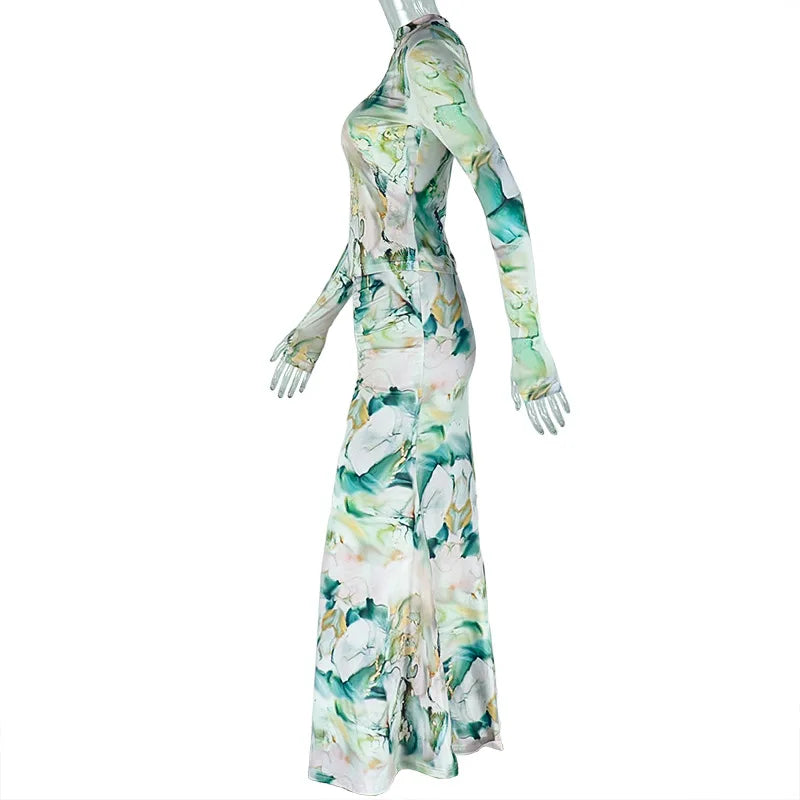 Long Sleeve Combo and Drawstring Ruched Maxi Long  Outfit Sets