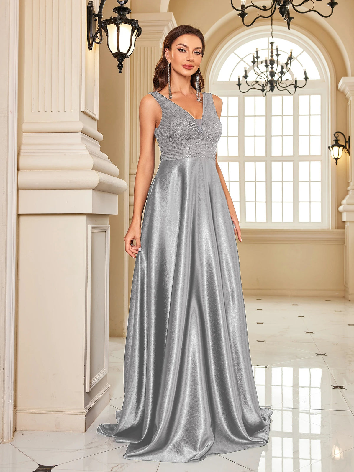 Oklahoma Elegant Sequins Evening Deep V-neck Satin Prom Party Dress