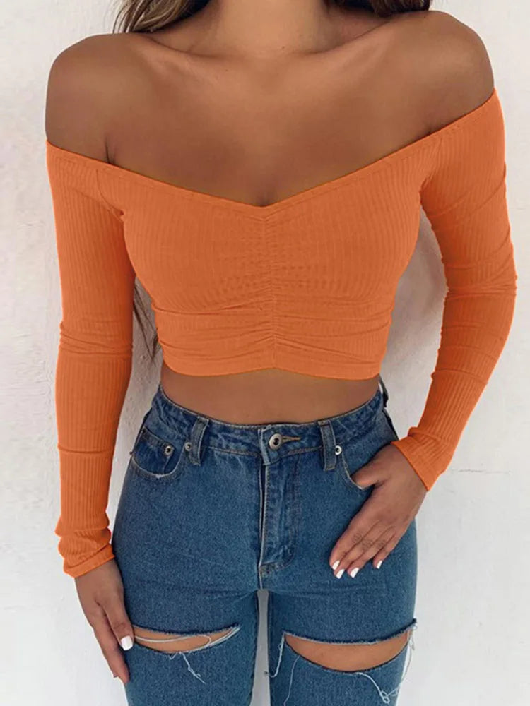 Marte Club Fashion Long Sleeve Off Shoulder Solid Color Blouse