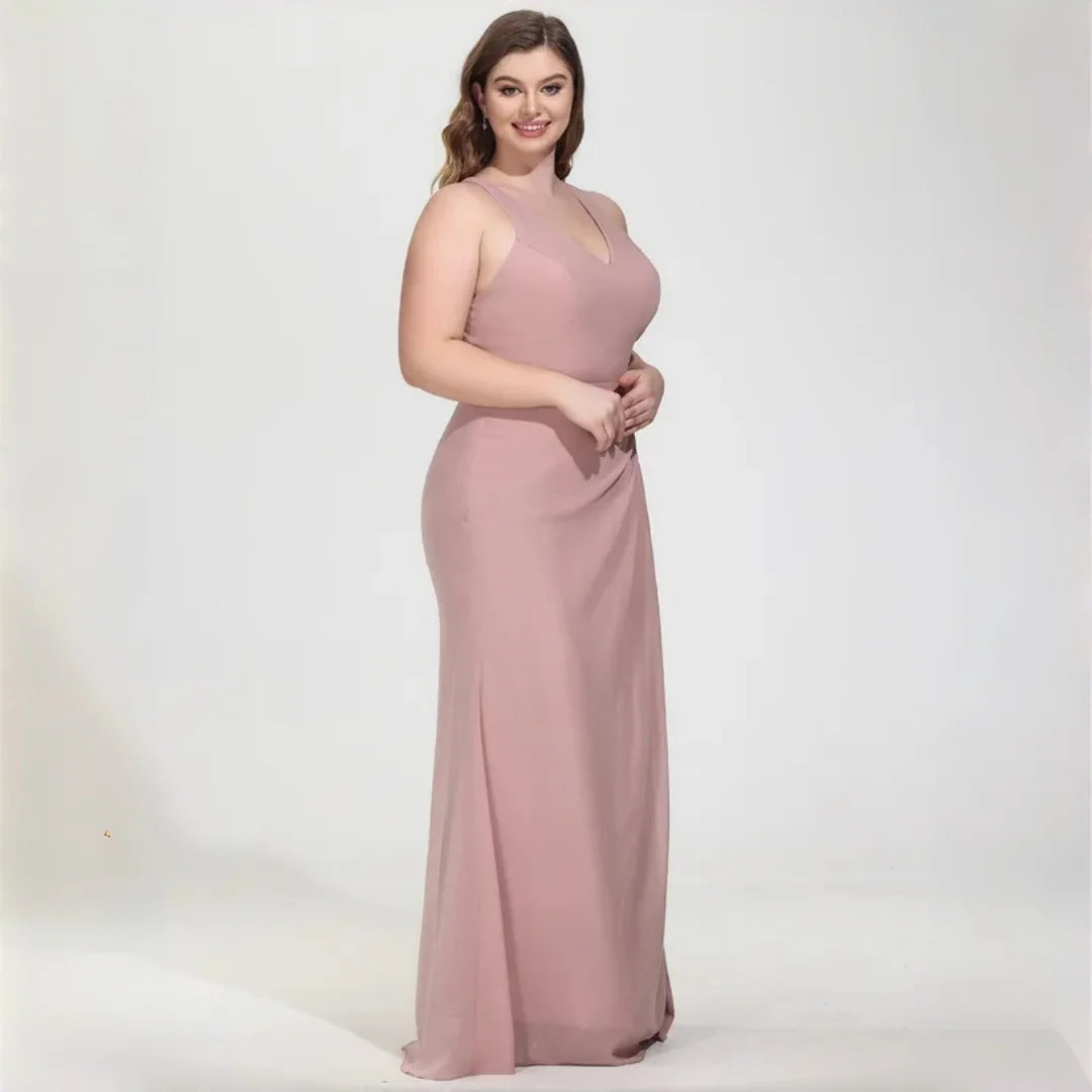 La Cuaba Dusty Pink Plus Size Chiffon Bridesmaid Sleeveless Deep V Neck Side Ruched Dress