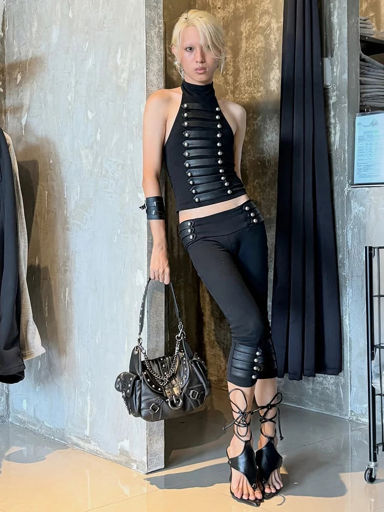 Perla Sexy Button Faux Leather Two Piece Sets