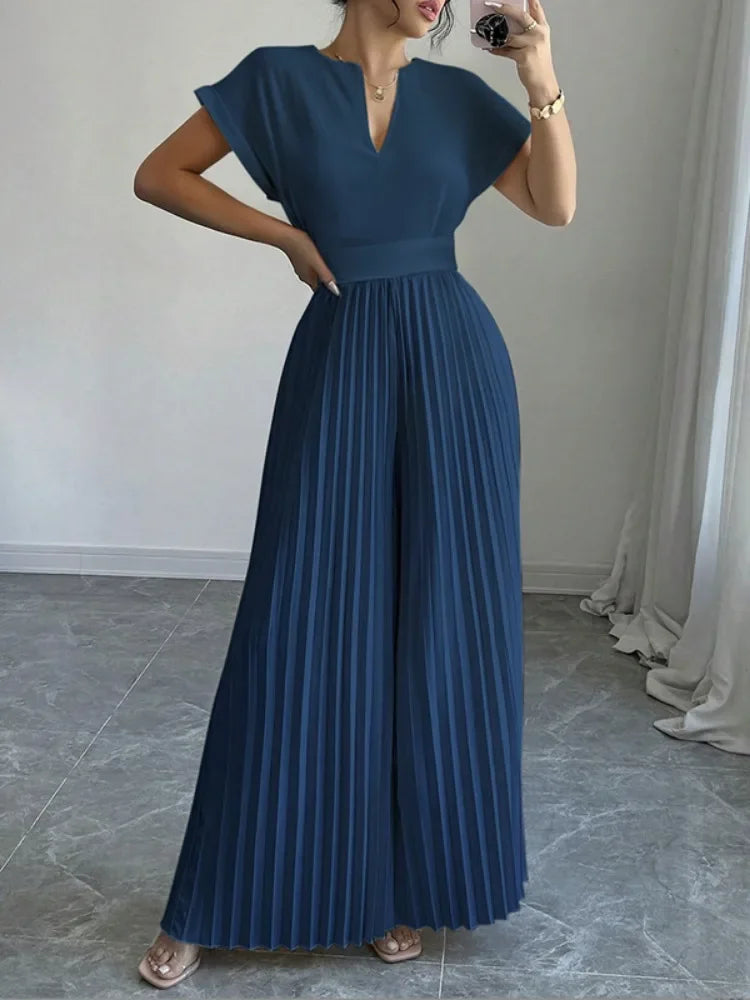 Elegant Pleated Jumpsuits for Women V-Neck Jumpsuits Fashion Summer High Waisted