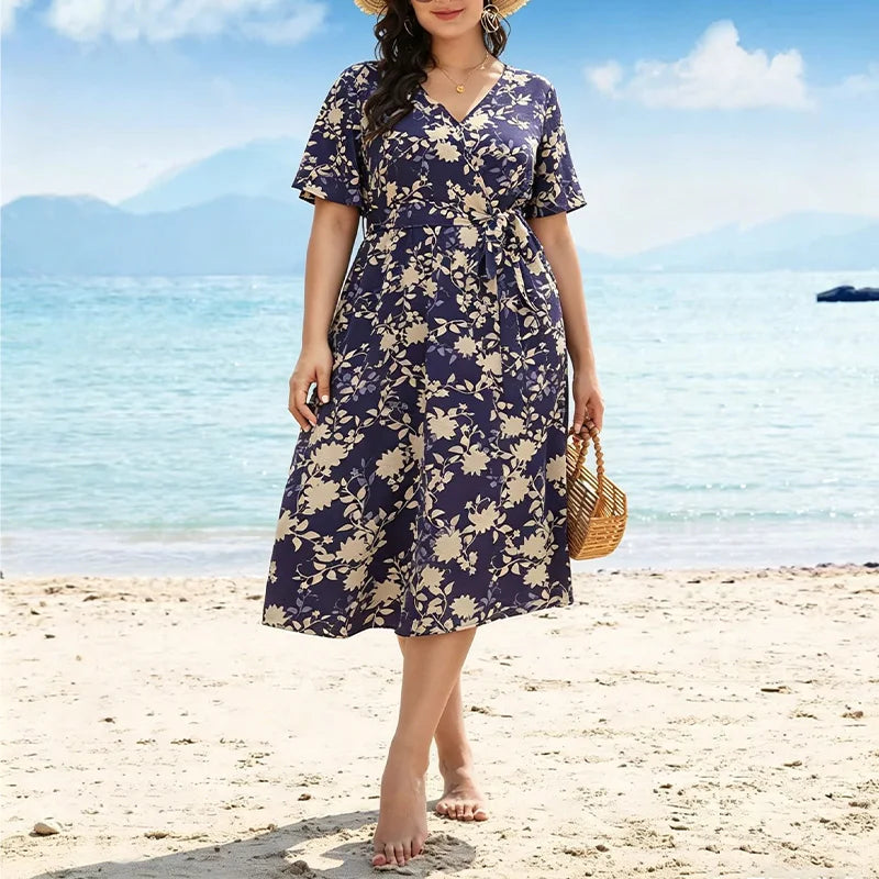 Plus Size Floral Print V-Neck with Pockets And Belt Elegant Mid-Length Dress
