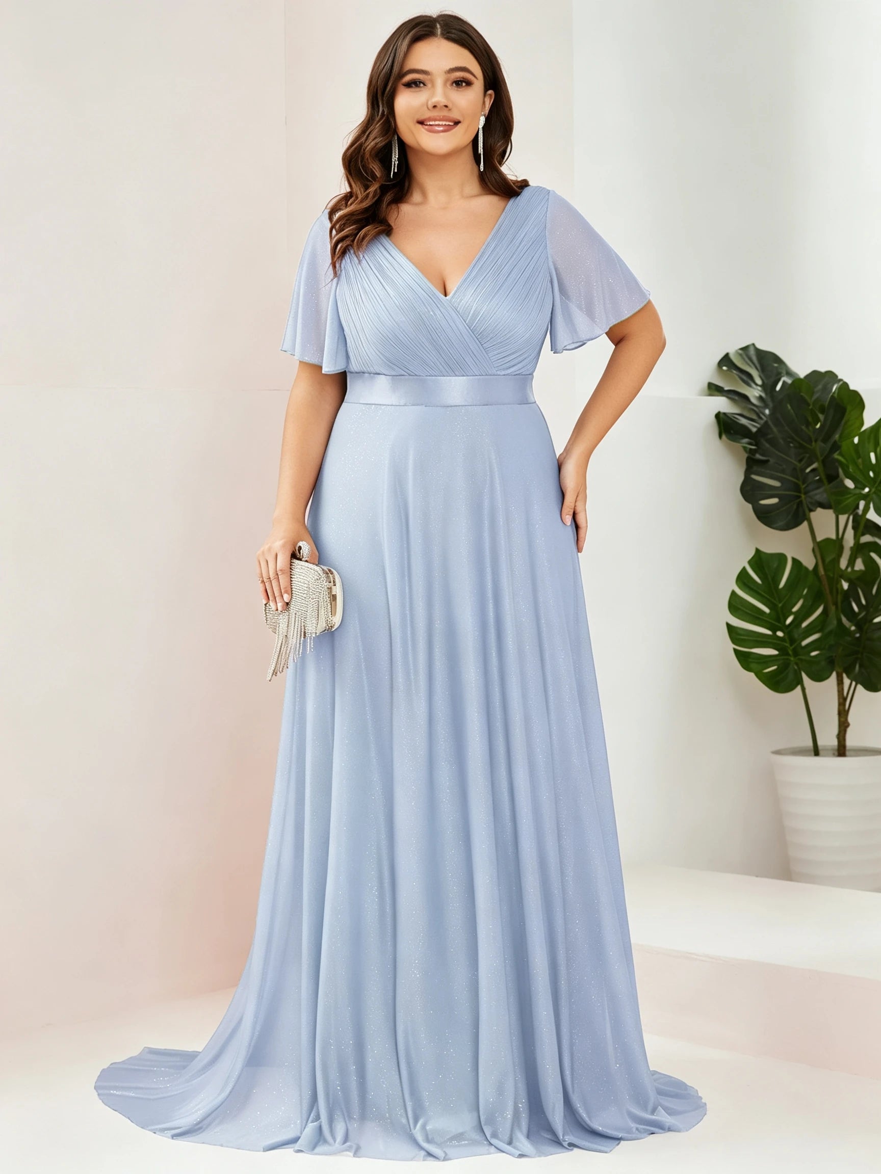 Gazcue Plus Size Chiffon Mother of the Bride Party Glitter V Neck A Line Dress