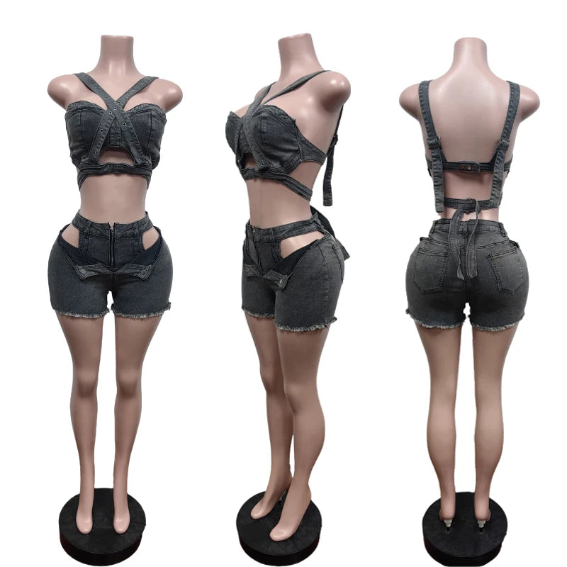 Temblant Straps Crop Cut Out Clothes Streetwear Two Piece Club Outfits Set