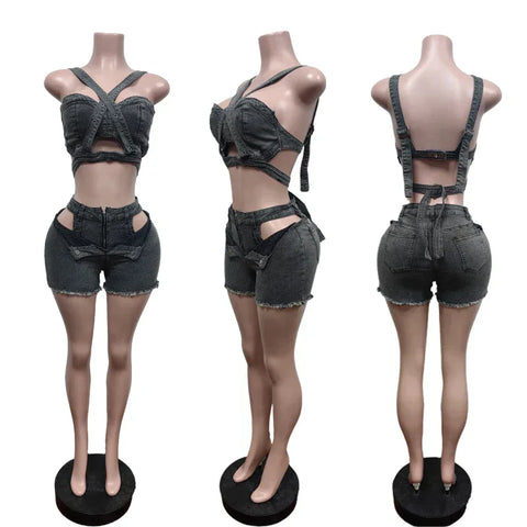 Temblant Straps Crop Cut Out Clothes Streetwear Two Piece Club Outfits Set