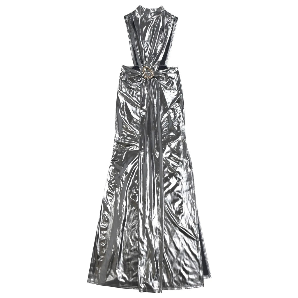 Hudson Square Side Split Ruched Sleeveless Waistless Silky Sexy Metal Button Ribbon Dress