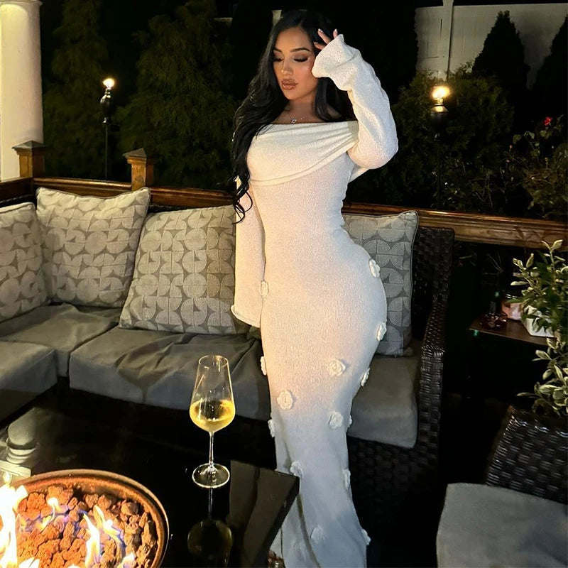 Union Slim-Fit Knitted Long Sleeve Floral Decoration One Shoulder Dress