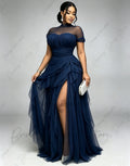 Bani Elegant Pleats Tulle Split Long Evening Gowns Birthday Party Dress