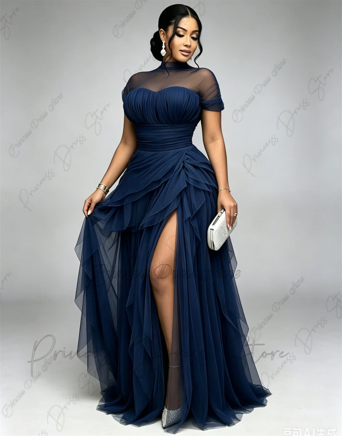 Bani Elegant Pleats Tulle Split Long Evening Gowns Birthday Party Dress