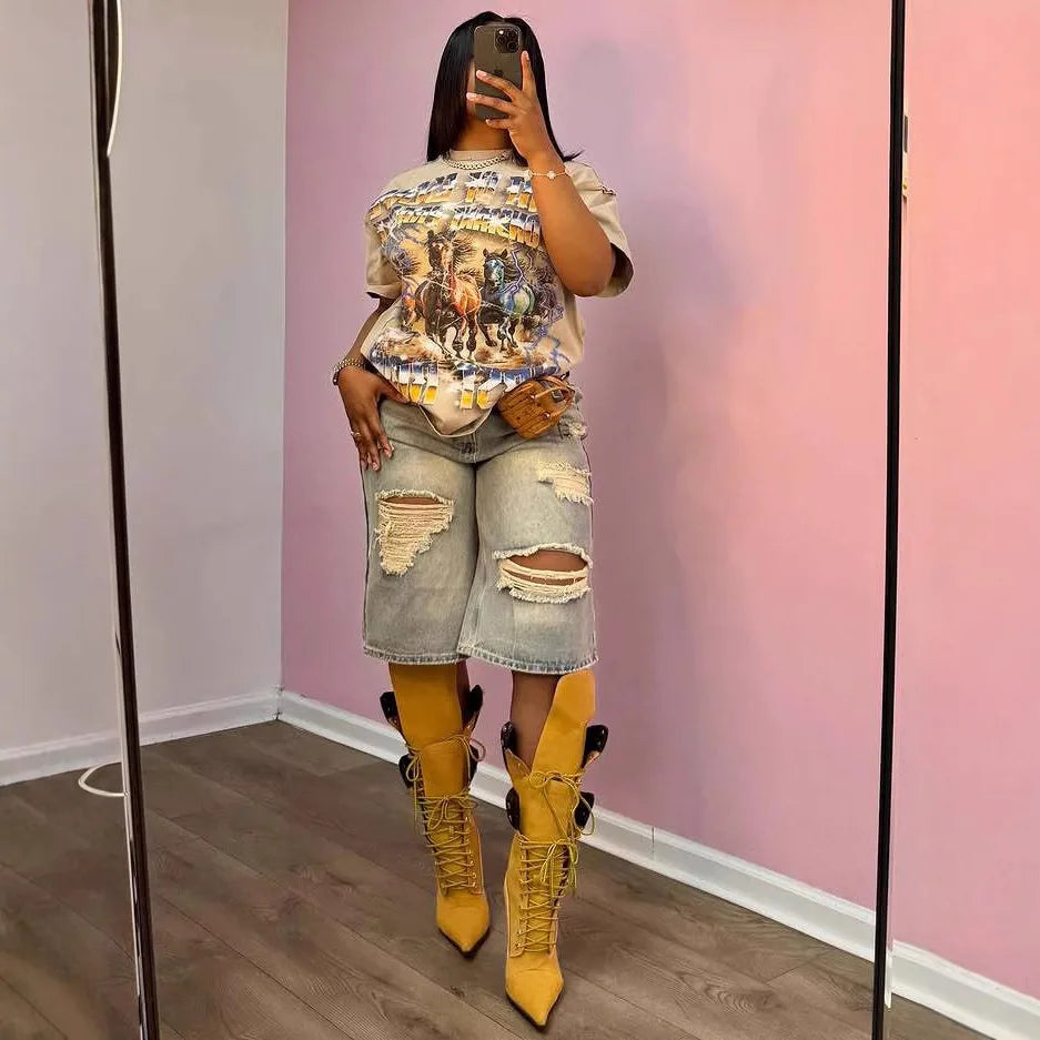 Stacy High Waisted Loose Vintage Ripped Denim Mid-length Straight-leg Denim Shorts