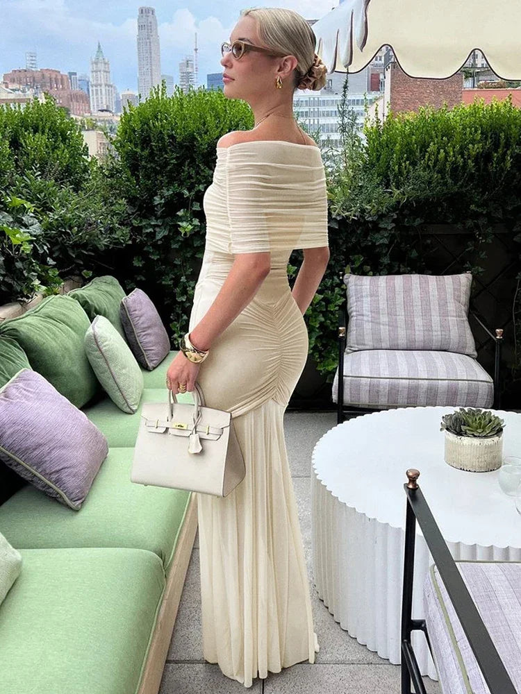 Cowen Off Shoulder Mesh Apricot See Through Ruched Dress