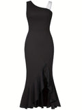 Hardwick Sexy One Shoulder High Split Sleeveless Ruffle Formal Cocktail Maxi Dress