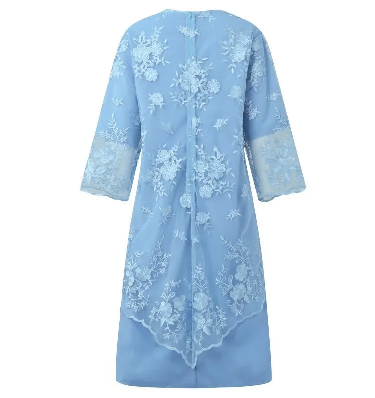 Jackson Plus Size Evening Gown Fashion Solid Color Round Neck High Waist Lace Embroidery Dress