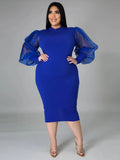 Newton Plus Size Solid Color Spring Mesh Lantern Long Sleeve Dress